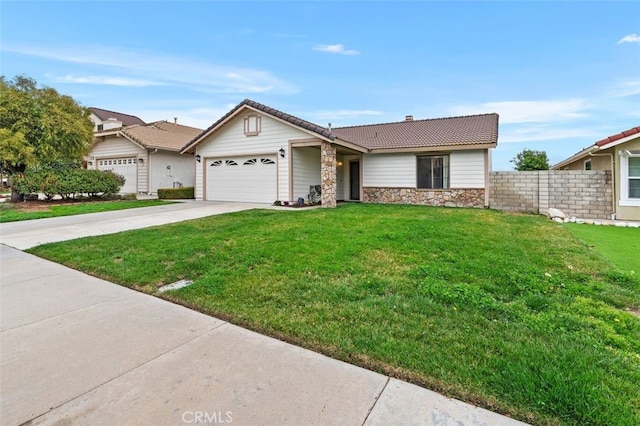 ranch-style house with a garage and a front lawn