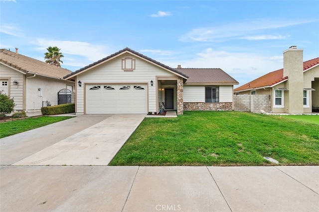 ranch-style house featuring a garage and a front yard