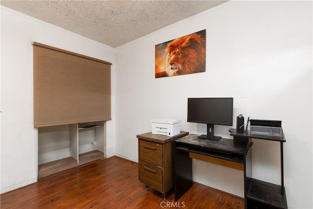 office area featuring crown molding, a textured ceiling, and dark hardwood / wood-style flooring