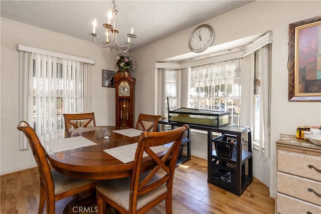 dining room featuring a notable chandelier, light hardwood / wood-style floors, and a textured ceiling