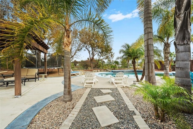 view of swimming pool with a patio and a trampoline