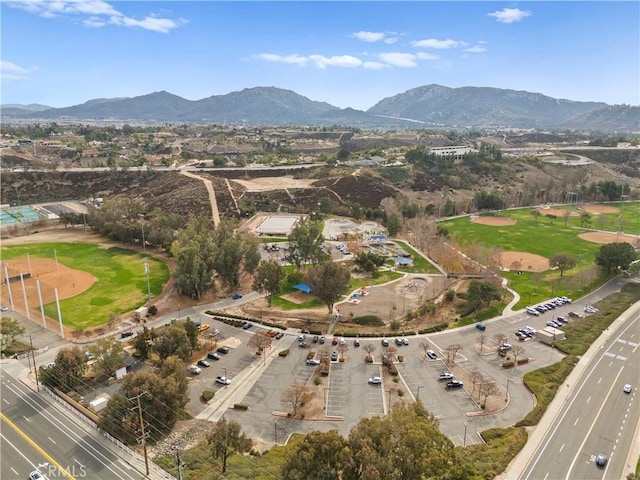 drone / aerial view featuring a mountain view