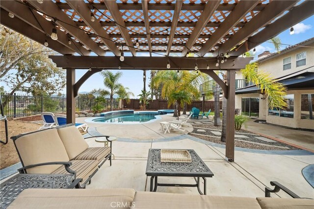 view of swimming pool featuring an outdoor living space, a patio area, and a pergola