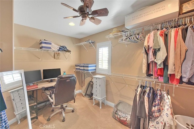 office space with light colored carpet and ceiling fan