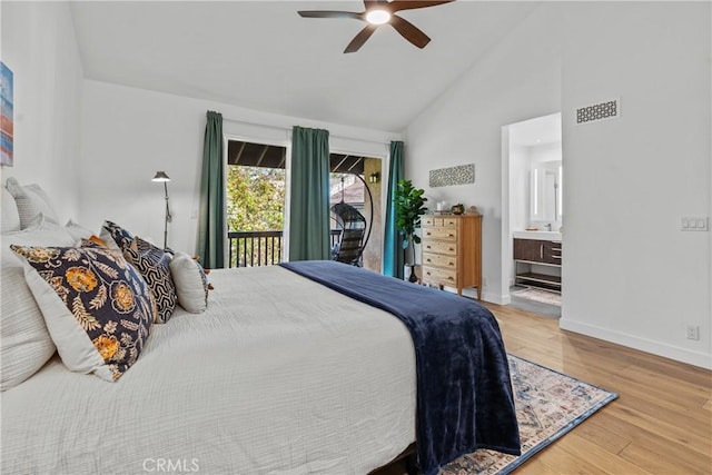 bedroom with ensuite bath, ceiling fan, hardwood / wood-style floors, high vaulted ceiling, and access to outside