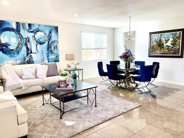 living room featuring a chandelier