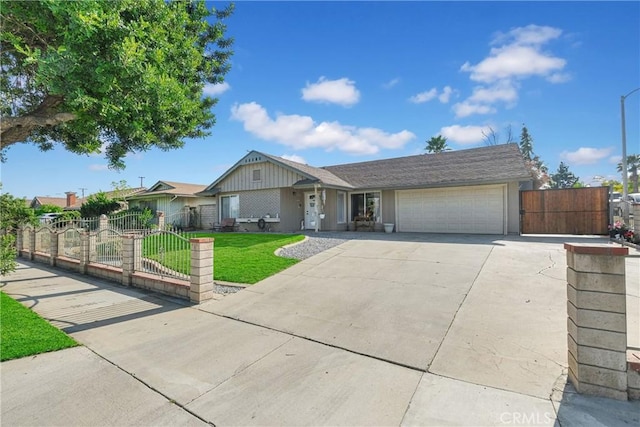 single story home with a garage and a front yard