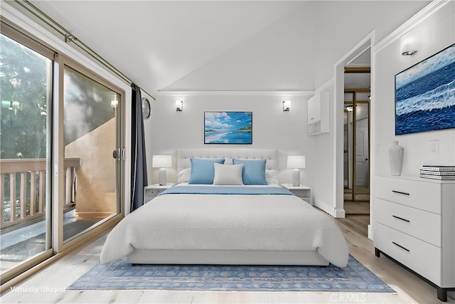 bedroom featuring lofted ceiling, access to exterior, multiple windows, and light wood-type flooring