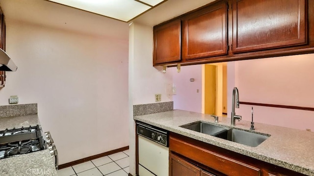 kitchen with sink, light tile patterned floors, stainless steel gas range oven, and dishwasher