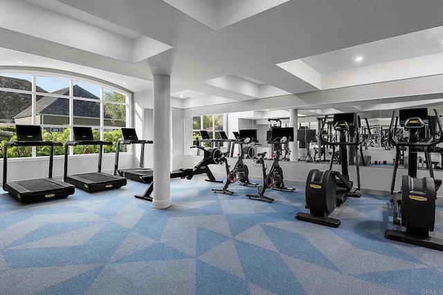 workout area with recessed lighting