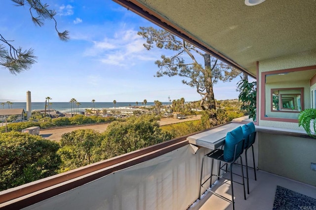 balcony with outdoor dry bar and a water view