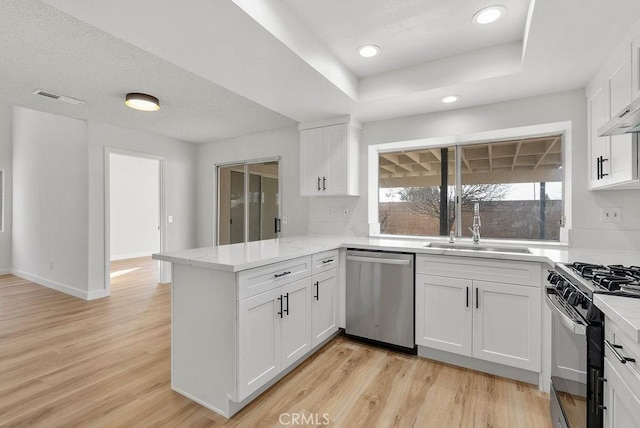 kitchen with white cabinetry, sink, kitchen peninsula, and dishwasher