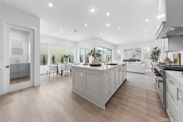 kitchen with sink, high end stainless steel range, white cabinets, and ventilation hood