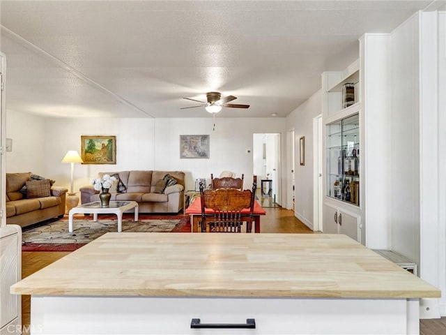 kitchen with white cabinetry, hardwood / wood-style floors, and ceiling fan