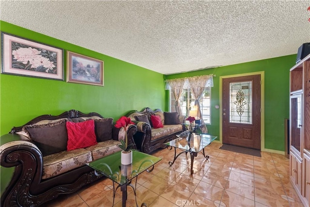 living room with a textured ceiling