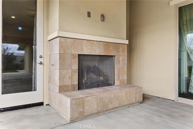 room details with a tiled fireplace