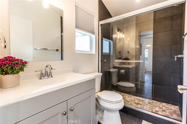 bathroom featuring vanity, an enclosed shower, and toilet