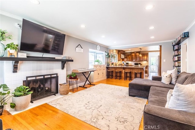 living room featuring ornamental molding, a fireplace, and light wood-type flooring