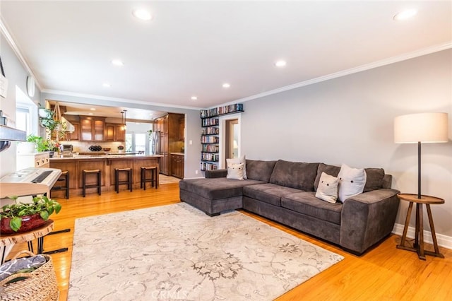 living room featuring crown molding and light hardwood / wood-style flooring