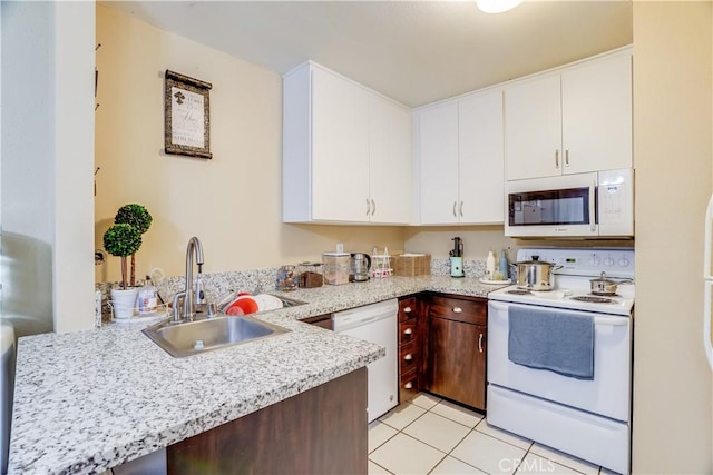 kitchen featuring white cabinetry, sink, light tile patterned floors, kitchen peninsula, and white appliances