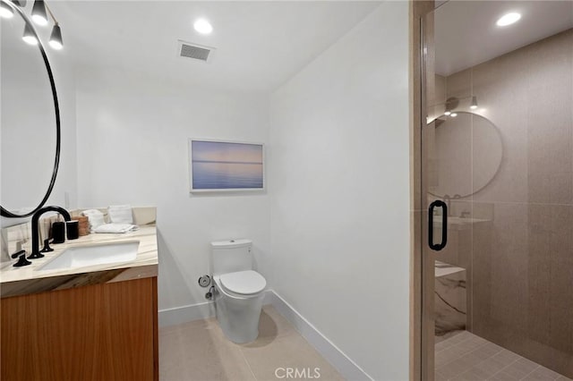 919 Sandcastle Dr, Corona Del Mar, CA 92625 - bathroom featuring a stall shower, toilet, visible vents, tile patterned flooring, and vanity