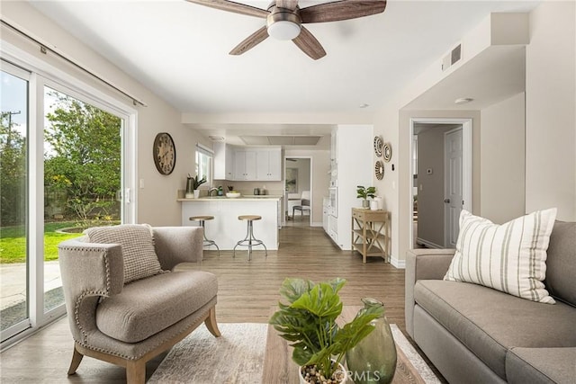 living room with hardwood / wood-style flooring, ceiling fan, and a healthy amount of sunlight