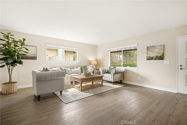 living room with dark hardwood / wood-style flooring