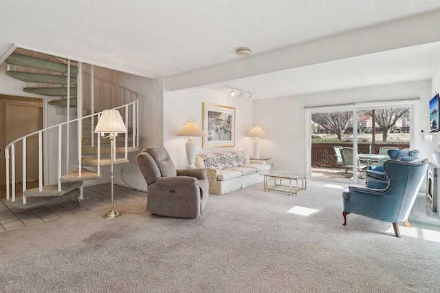 living room with carpet flooring and track lighting