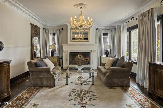 sitting room featuring an inviting chandelier, ornamental molding, and wood-type flooring