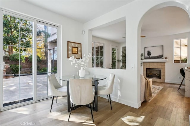 dining room featuring a fireplace and light hardwood / wood-style flooring