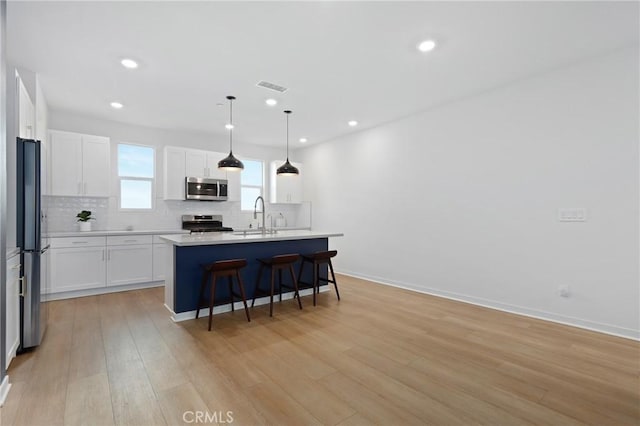 kitchen with tasteful backsplash, white cabinetry, sink, stainless steel appliances, and a center island with sink