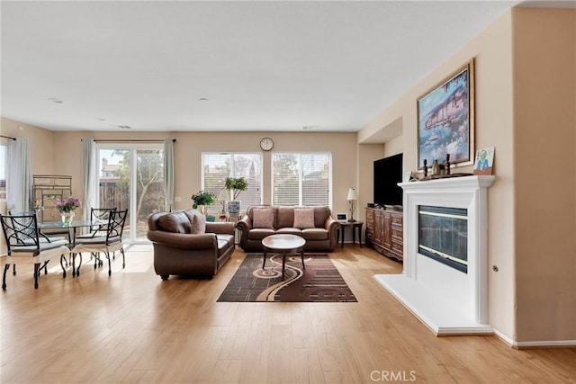 living room featuring light wood-style floors, plenty of natural light, baseboards, and a glass covered fireplace