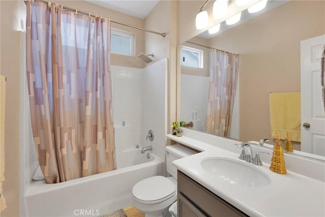 full bath with toilet, shower / bath combination with curtain, and vanity