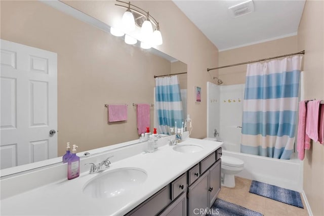 full bathroom with shower / bath combination with curtain, tile patterned flooring, visible vents, and a sink