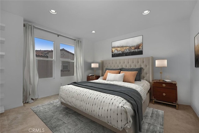 bedroom featuring light colored carpet