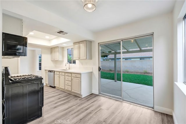 kitchen with sink, range with gas cooktop, stainless steel dishwasher, and light hardwood / wood-style floors