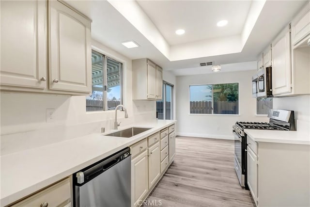 kitchen with stainless steel appliances, sink, light hardwood / wood-style flooring, and a tray ceiling