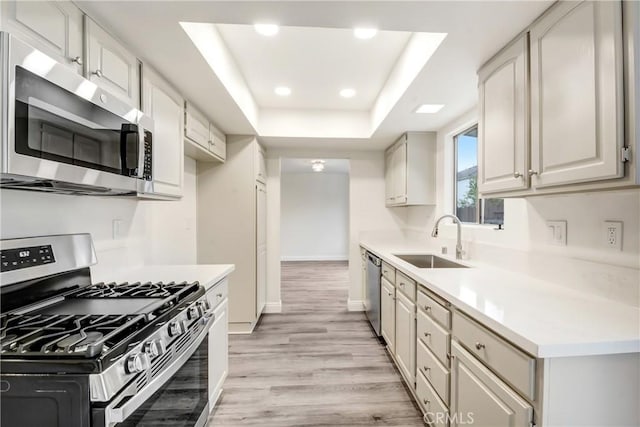 kitchen featuring sink, light hardwood / wood-style flooring, a tray ceiling, stainless steel appliances, and white cabinets