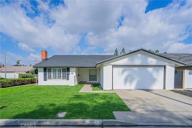 ranch-style house with a garage and a front lawn