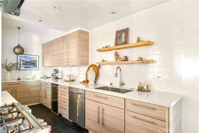 kitchen with wine cooler, a sink, dishwasher, and light brown cabinetry