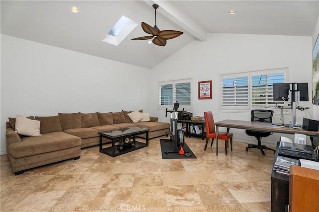 living room with beamed ceiling, high vaulted ceiling, ceiling fan, and a skylight