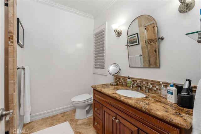 bathroom with walk in shower, toilet, ornamental molding, vanity, and decorative backsplash