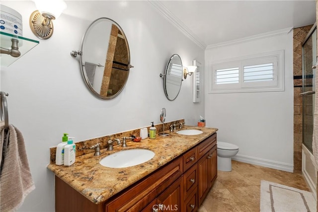 full bathroom with tiled shower / bath combo, ornamental molding, vanity, and toilet