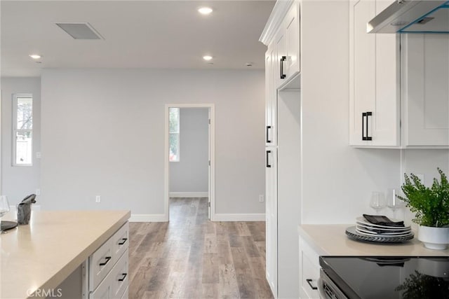 kitchen with ventilation hood, white cabinetry, a wealth of natural light, and light hardwood / wood-style floors