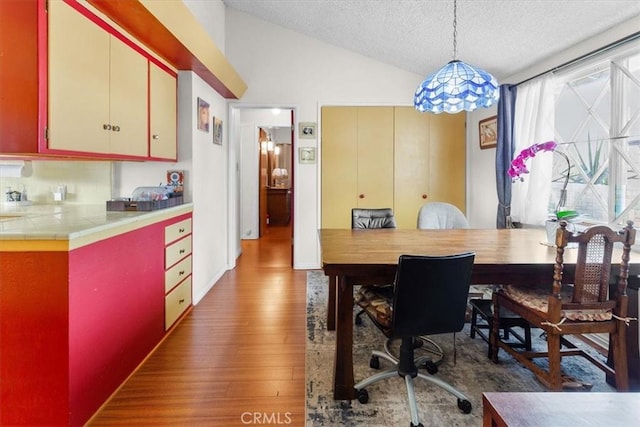 interior space with vaulted ceiling, dark hardwood / wood-style floors, and a textured ceiling