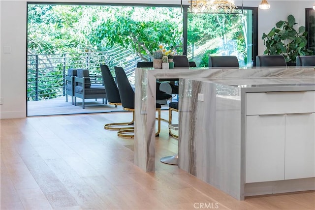 interior space with light hardwood / wood-style floors and white cabinets