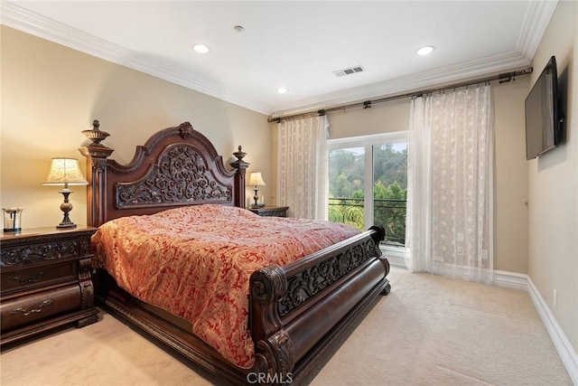 bedroom featuring crown molding, recessed lighting, light colored carpet, and access to exterior