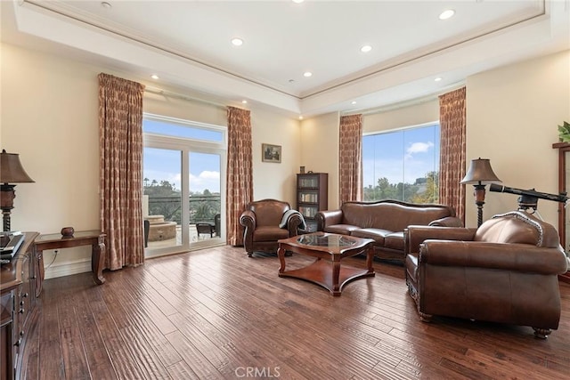 living area featuring crown molding, dark wood-style flooring, recessed lighting, and a raised ceiling