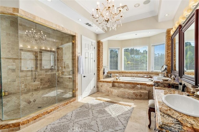 full bath with a sink, a garden tub, recessed lighting, and a chandelier