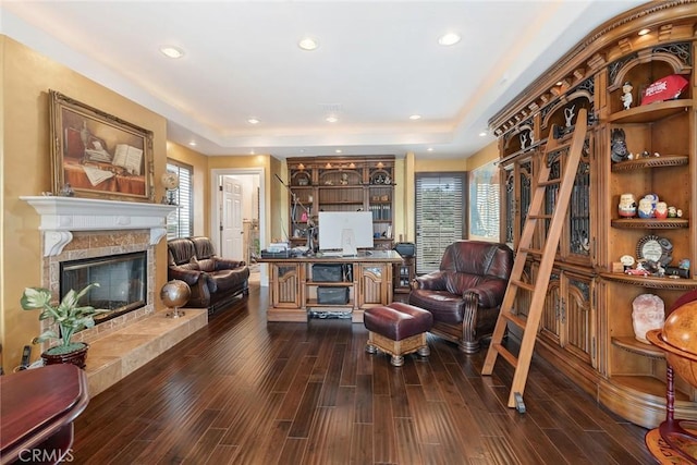living area with a raised ceiling, dark wood-style flooring, and a healthy amount of sunlight